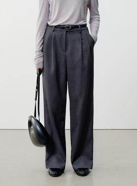 NextWeekend「回廊」通勤秋冬垂感阔腿高腰羊毛阔腿灰色百搭西裤