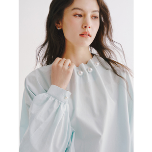 Next Weekend 「露珠」宽松褶皱立领罩衫灯笼袖珍珠衬衫