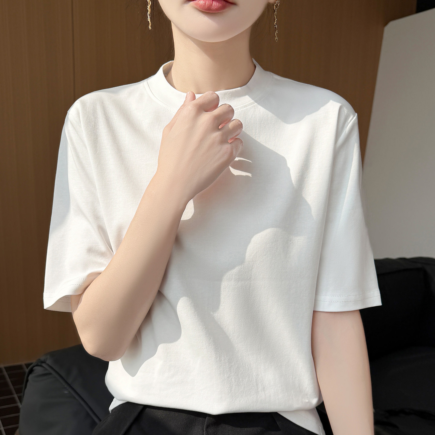 26款纯棉五分袖T恤纯色女半高领宽松百搭打底衫套头上衣休闲简约