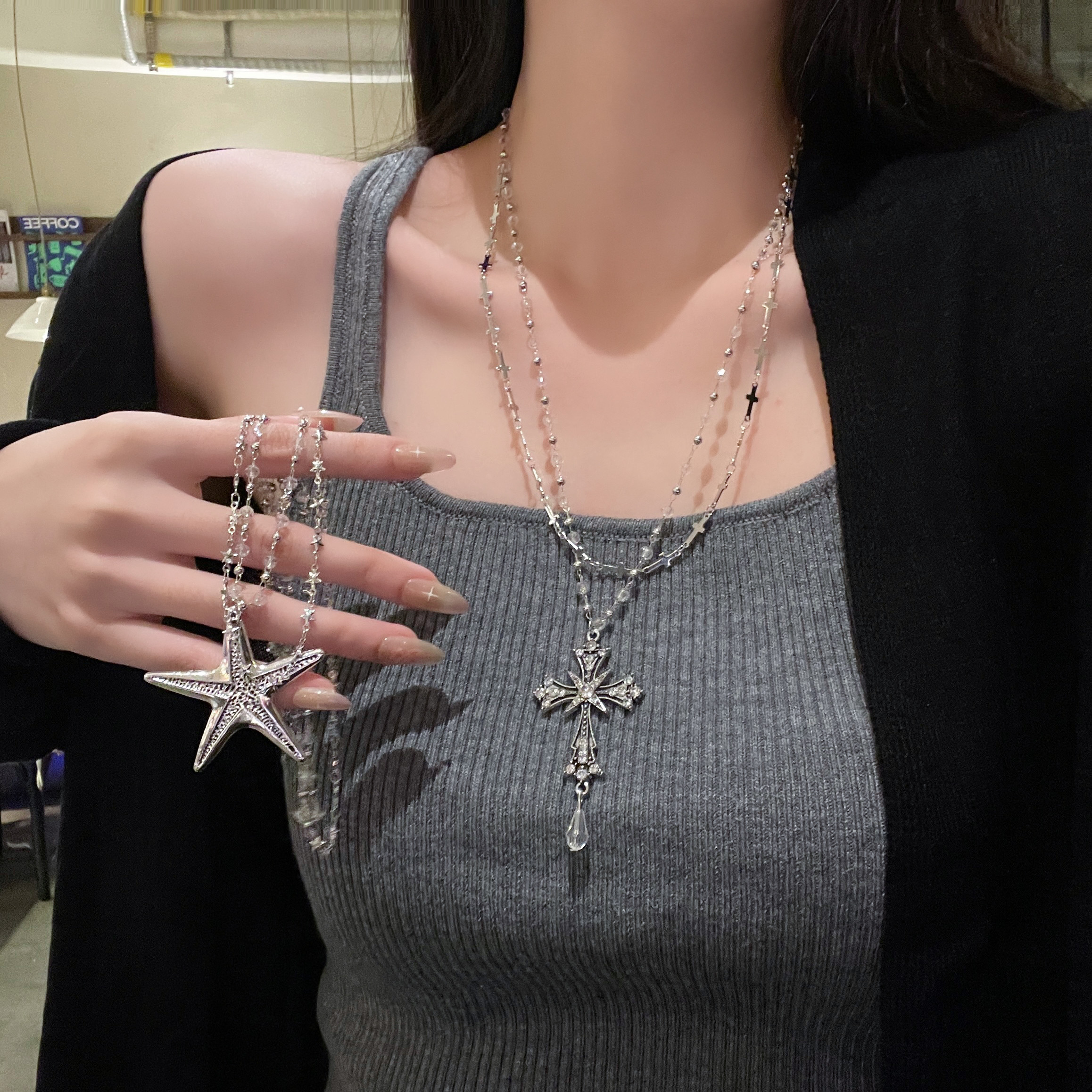 双层叠戴十字架海星项链