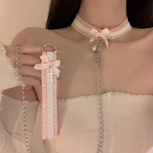 花边蕾丝蝴蝶结颈饰puppy铃铛choker项圈牵引绳女颈带甜酷软妹风