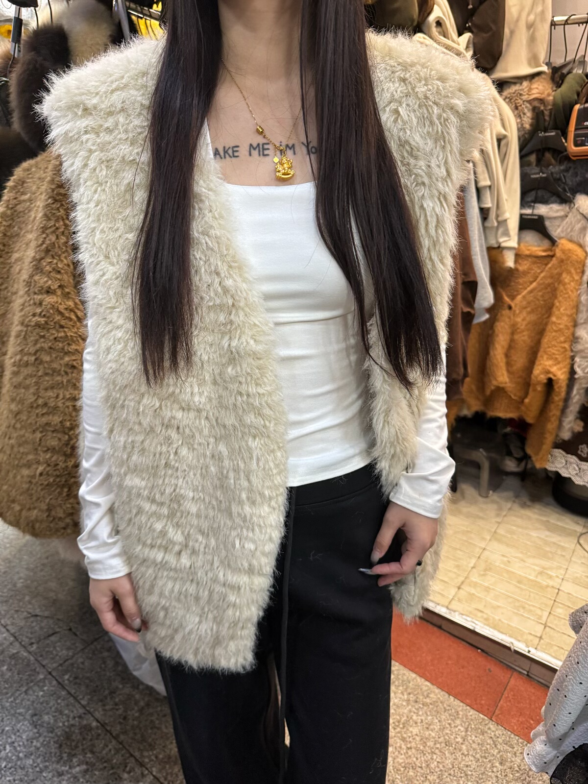 韩版时尚休闲V领环保皮草羊卷毛加棉马甲女秋冬宽松显瘦坎肩上衣