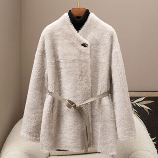 少量现货2026春季新款拉贡羊皮毛一体外套V领系带显瘦皮草大衣女