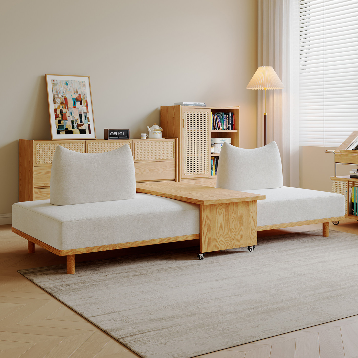 司朴侘寂风原木奶油风榻榻米地台实木沙发民宿客厅可拆洗布艺沙发