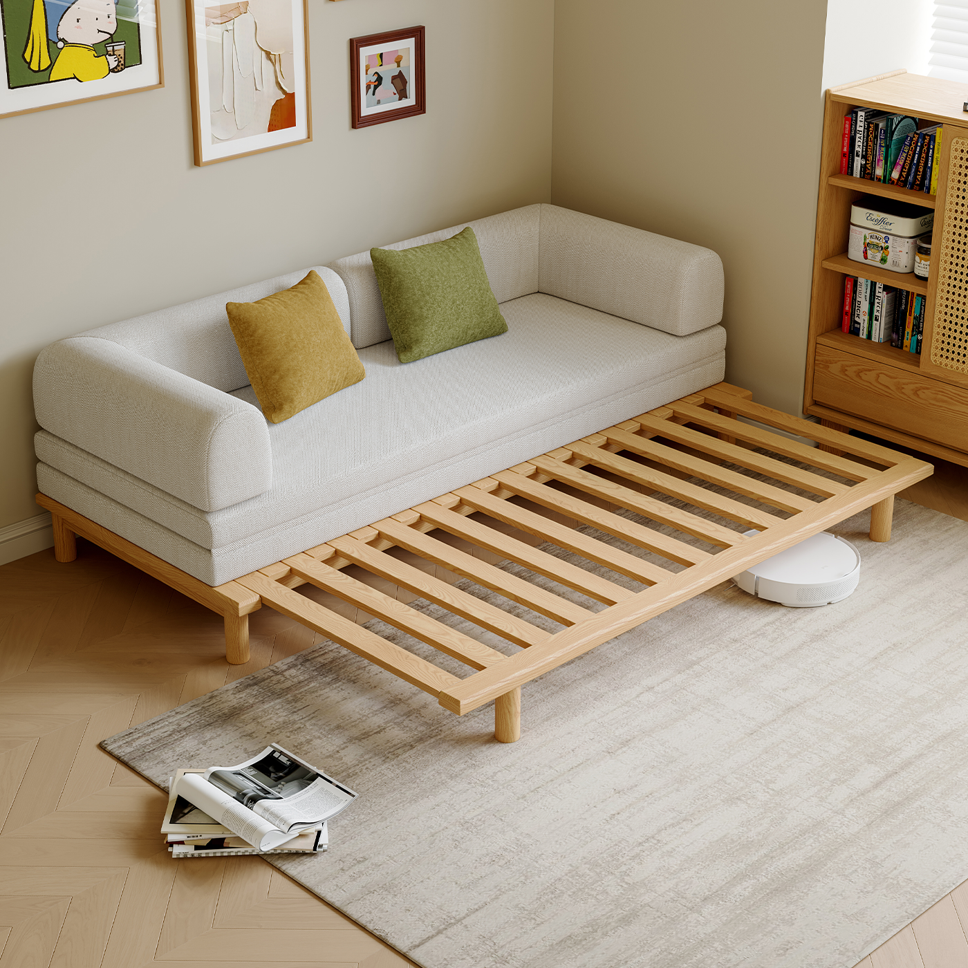 司朴原木奶油风白蜡木实木布艺沙发小户型客厅书房抽拉伸缩沙发床