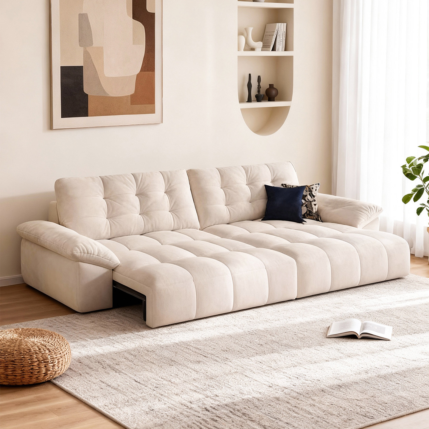 司朴奶油风可伸缩电动功能沙发床现代简约客厅直排云朵布艺沙发