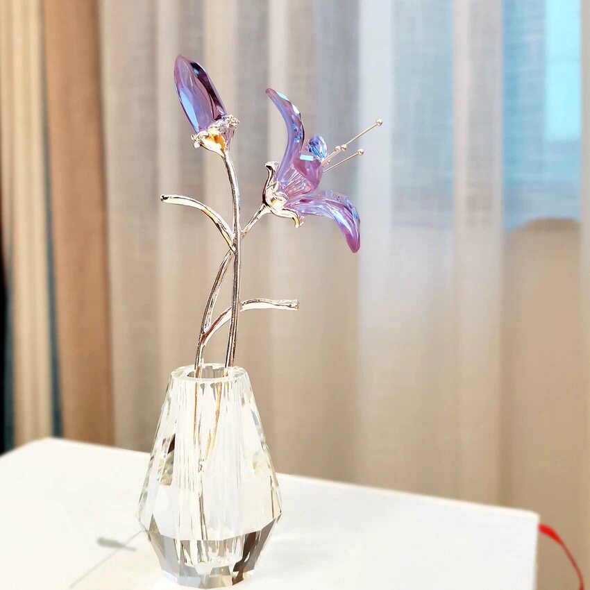 紫色水晶百合花装饰摆件家居客厅桌面工艺品高级感装饰品