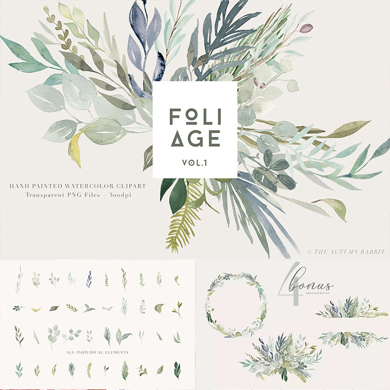 png素材ins北欧水彩手绘小清新森系文艺绿色植物树叶叶子花环花边
