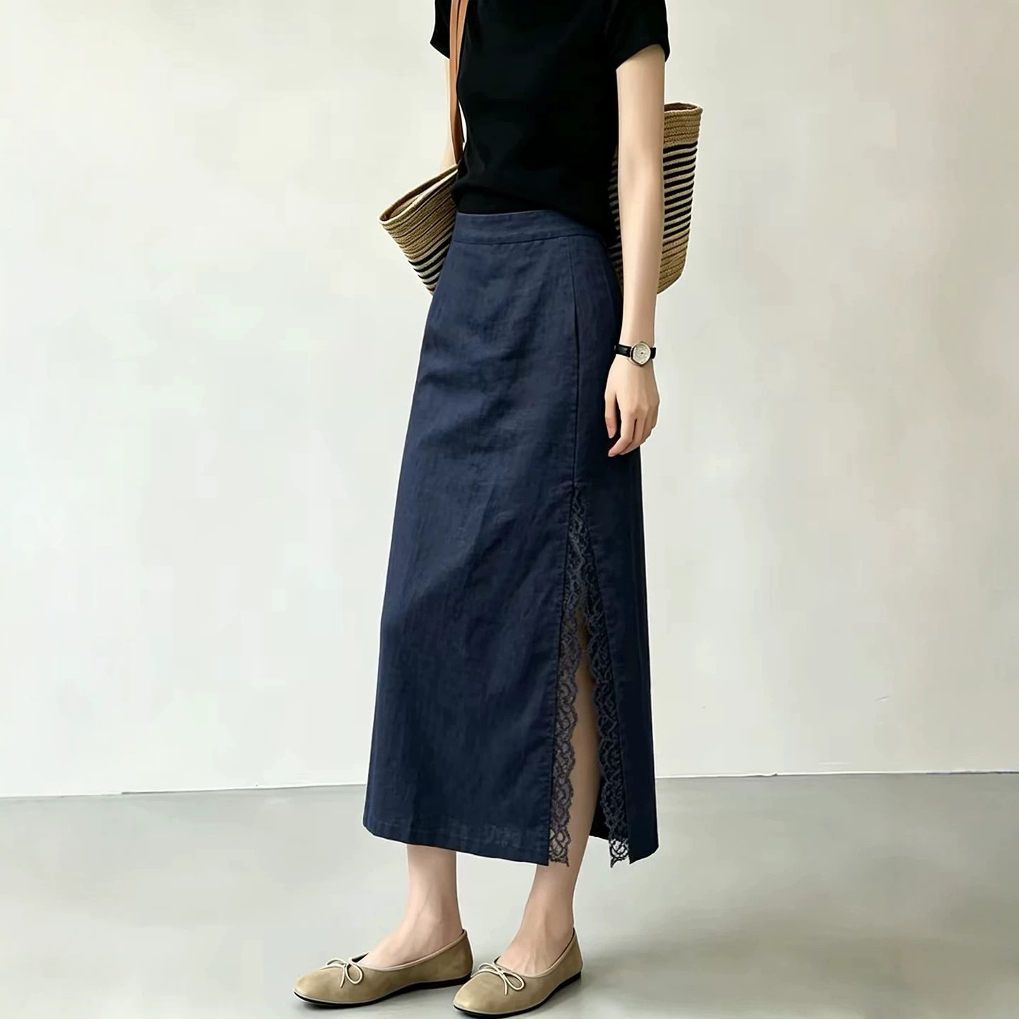 藏青色侧开叉蕾丝拼接亚麻半身裙半身裙