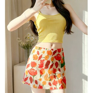 海边度假风辣妹分体泳衣女夏白色吊带抹胸高腰包臀短裙三件套泳装