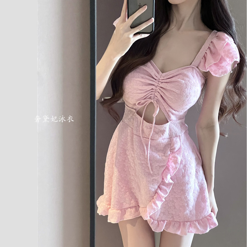 粉色甜美连体泳衣女性感纯欲显瘦遮肚保守裙式学生荷叶边少女泳装