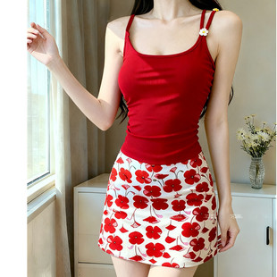 海边度假风辣妹分体泳衣女夏白色吊带抹胸高腰包臀短裙三件套泳装