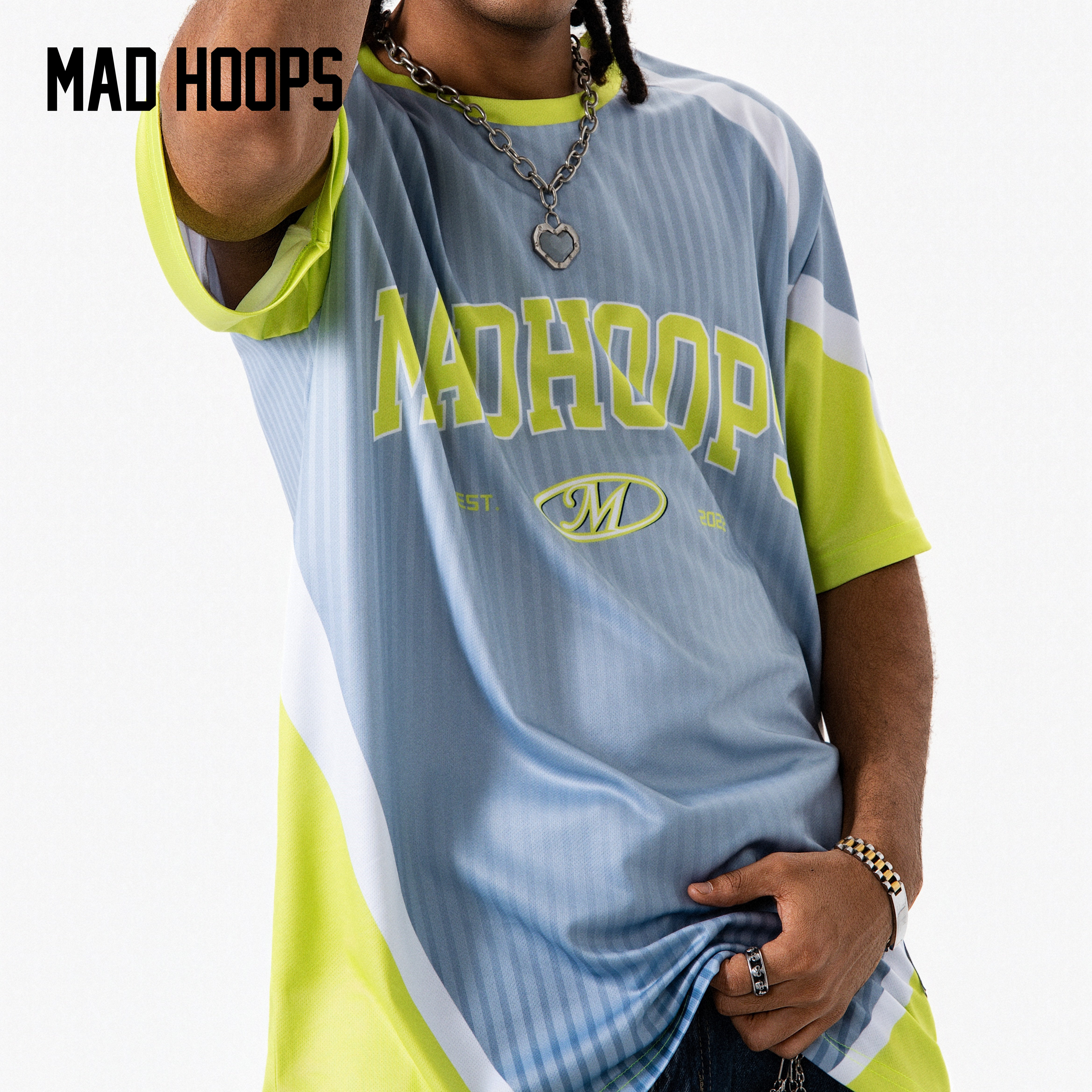 Madhoops拼接条纹复古运动短袖T恤速干情侣投篮足球橄榄球飞盘服