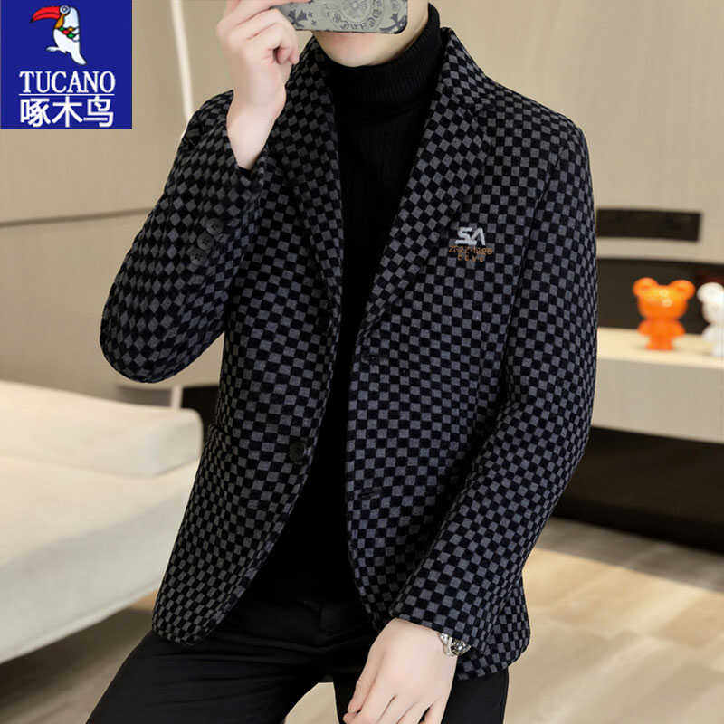 啄木鸟男装格子休闲西服外套男春秋季2025新款中青年潮牌西装秋装,男装,休闲西服,淘宝优惠券,粉丝福利购,淘宝优惠卷