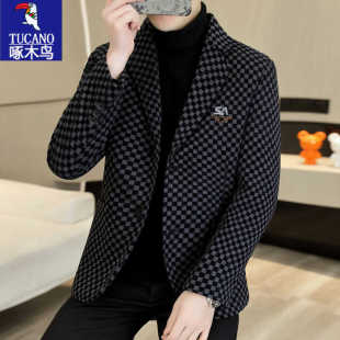 啄木鸟男装格子休闲西服外套男春秋季2025新款中青年潮牌西装秋装