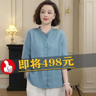 品牌高端亚麻衬衫女2025夏季新款高级感薄款中袖开衫棉麻衬衣上衣