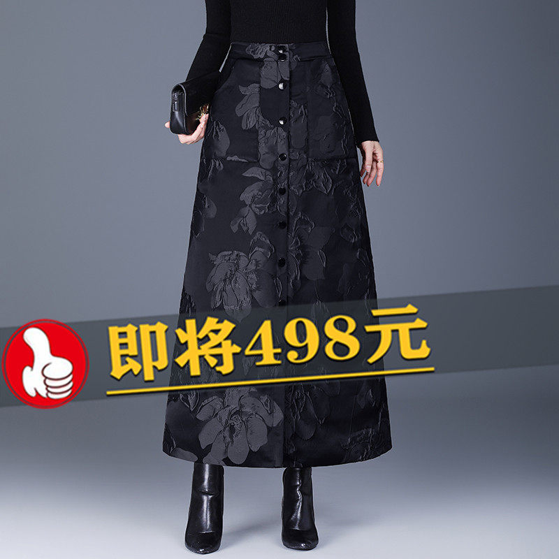 国风提花A字半身裙女新款冬季防风保暖棉裙加厚一片式中长包臀裙