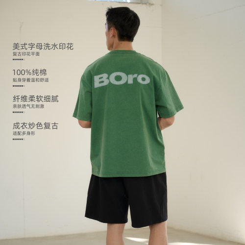 美式复古炒色纯棉字母短袖T恤男