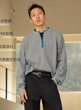 BOHRHOO26SS「天然棉+圆领拉链」明线素色镂空长袖毛织POLO衫男春