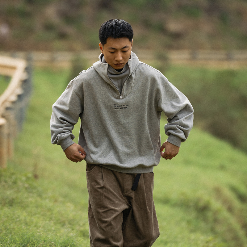 BOHRHOO 波户23AW日系潮流套头上衣重磅连帽半拉链情侣卫衣男
