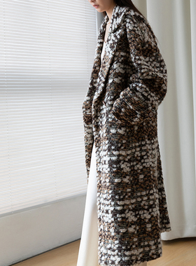 JIRANDESIGN高端美拉德粗花呢编织粗毛呢羊毛长款过膝大衣外套