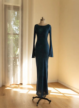 吉然JIRANDESIGN-真丝桑蚕丝长袖斜裁蓝色连衣裙牛仔超长裙高个子