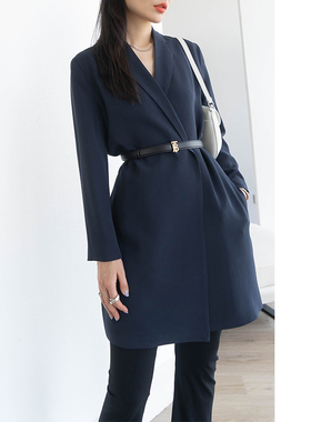 秋季长款小个子v领蓝色时尚风衣法式显瘦西装领洋气外套女
