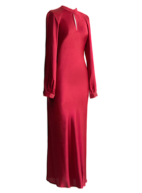 定制红色真丝长袖晚礼服连衣裙轻奢宴会高端女装气质桑蚕丝中长裙