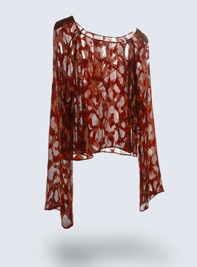 吉然设计定制新款红色印花真丝设计感高级罩衫复古防晒上衣