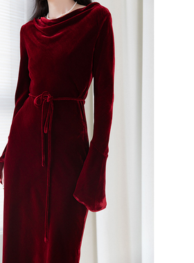 JIRANDESIGN定制年会复古酒红色真丝丝绒连衣裙礼服裙敬酒裙宴会