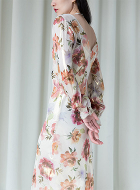 JIRANDESIGN-定制 鎏金薄雾玫瑰真丝桑蚕丝连衣裙 长袖 礼服裙