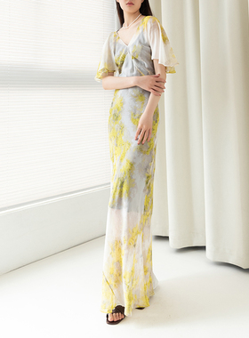 JIRANDESIGN 100%桑蚕丝 黄花真丝连衣裙 可定制长短