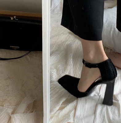 迈后中古方头浅口高跟玛丽珍单鞋