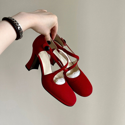 交叉带罗马高跟单鞋浅口包头凉鞋