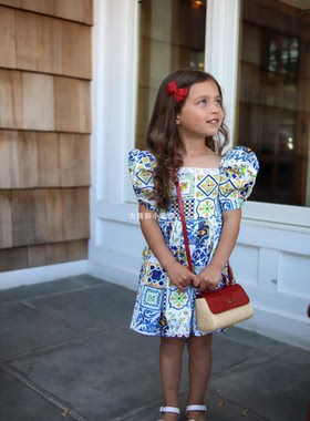 4Z 现货大熊家 MILOVES夏季儿童蓝绿色印花民族度假风连衣裙套装