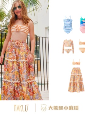 4Z现货 大熊家MARLO女童比基尼花朵条纹彩色多巴胺连体泳衣沙滩裙