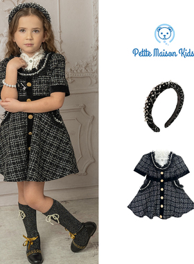4Z现货大熊家Petit Maison女童小香黑色连衣裙珍珠发箍