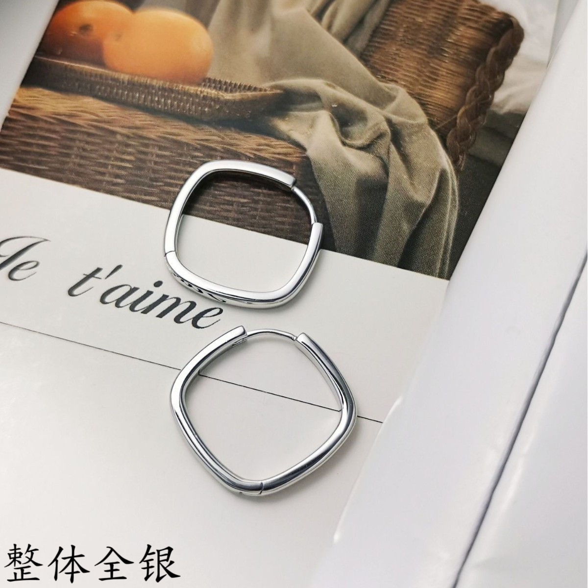 通体s925纯银耳圈简约光面耳环菱形耳扣日常百搭耳饰女冷淡风耳坠