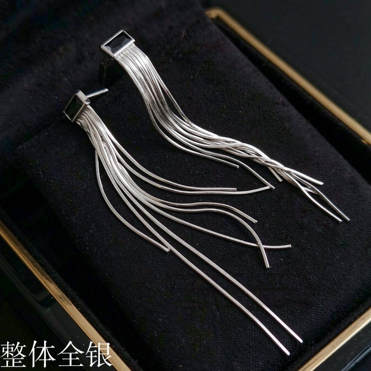 通体S925纯银几何滴胶黑色绿色耳环显脸瘦长款耳坠流苏耳钉女气质