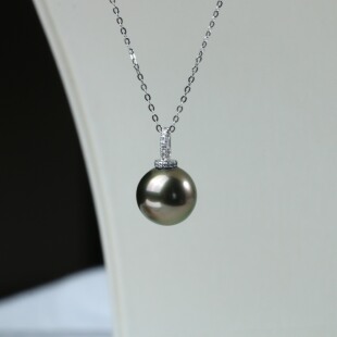 18k金天然真钻10-11mm大溪地孔雀绿珍珠吊坠X495