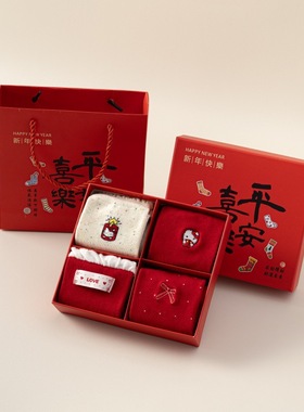 红色袜子女卡通刺绣猫咪中筒袜甜美可爱蝴蝶结女袜礼盒装新年袜子