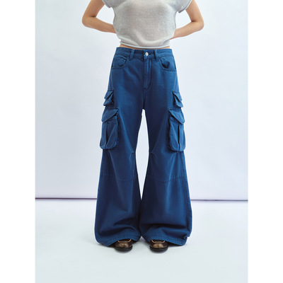 早春新品水洗重工成衣染微喇工装长裤纯棉牛仔裤女