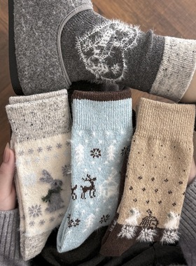 圣诞节雪花卡通羊毛袜女复古中筒袜秋冬费尔岛加厚保暖ins堆堆