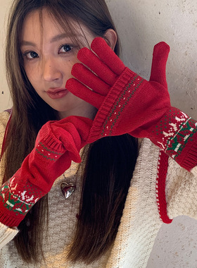 圣诞红色可拆式两件提花针织毛线手套女秋冬季防寒保暖骑行可触屏