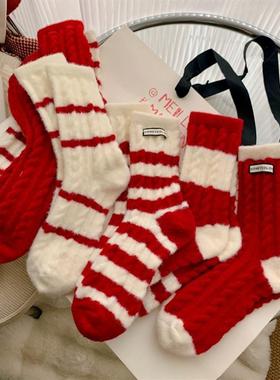 冬季新年圣诞澳绒袜子女士红色条纹中筒毛袜羊绒袜保暖加绒红袜子