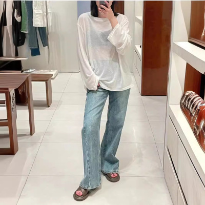 百搭～水洗亚麻圆领多色基础百搭长袖T恤女宽松慵懒长袖