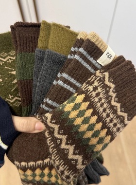 冬季加厚羊毛袜子女咖绿撞色森系费尔岛中筒堆堆袜小红书爆款潮袜