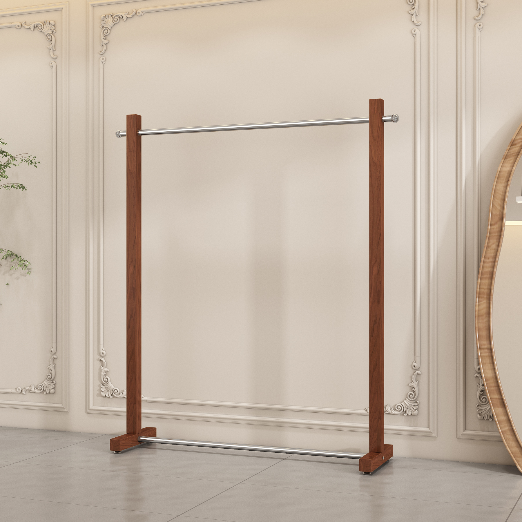 不锈钢拉丝银色搭配木纹色落地架