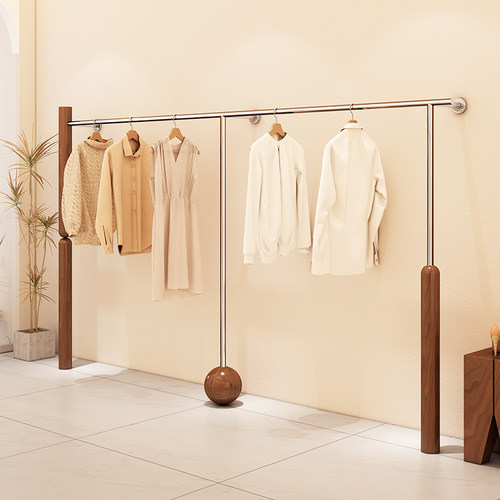 服装店展示架不锈钢银搭配木纹色