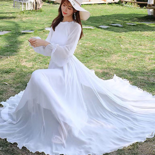 2025夏季 超仙旅游度假拍照真丝桑蚕丝连衣裙收腰显瘦大摆长裙 长袖